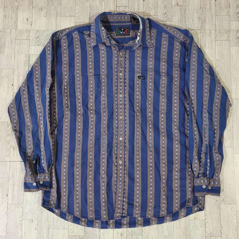 Men's HIS Western Blue Grey Striped Cowboy Button Down Shirt Size L